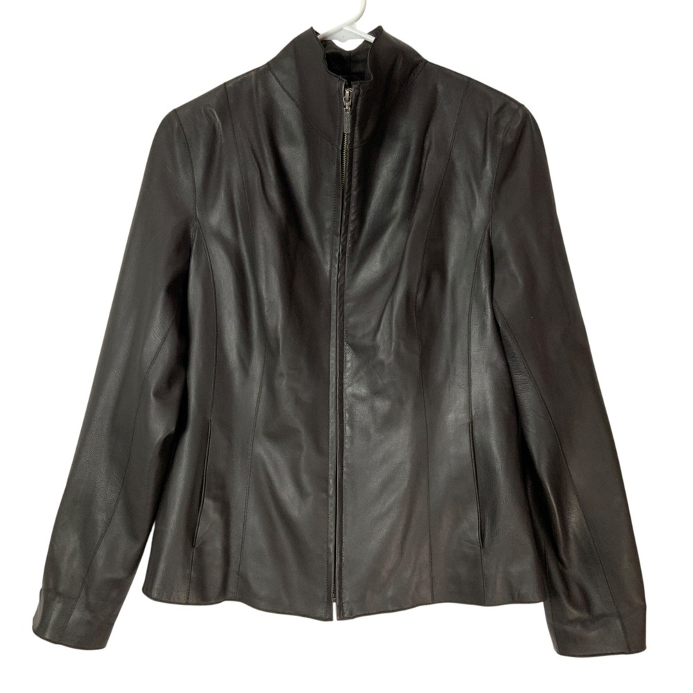 Cole Haan Lambskin Leather Moto Jacket Dark Brown Mock Neck Zip Up 8